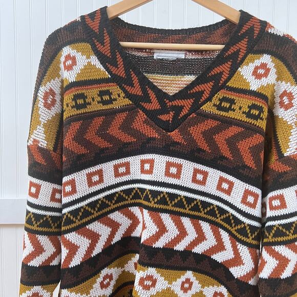 Vintage Croquet Club Aztec Tribal Print V-Neck Sweater Women's Fall Boho Knit L - Picture 1 of 9